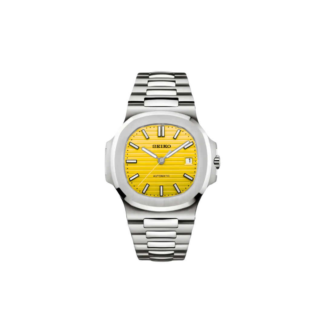 SEIKO MOD NAUTILUS SILVER GREY Men's Watch with yellow Dial and Steel Bracelet