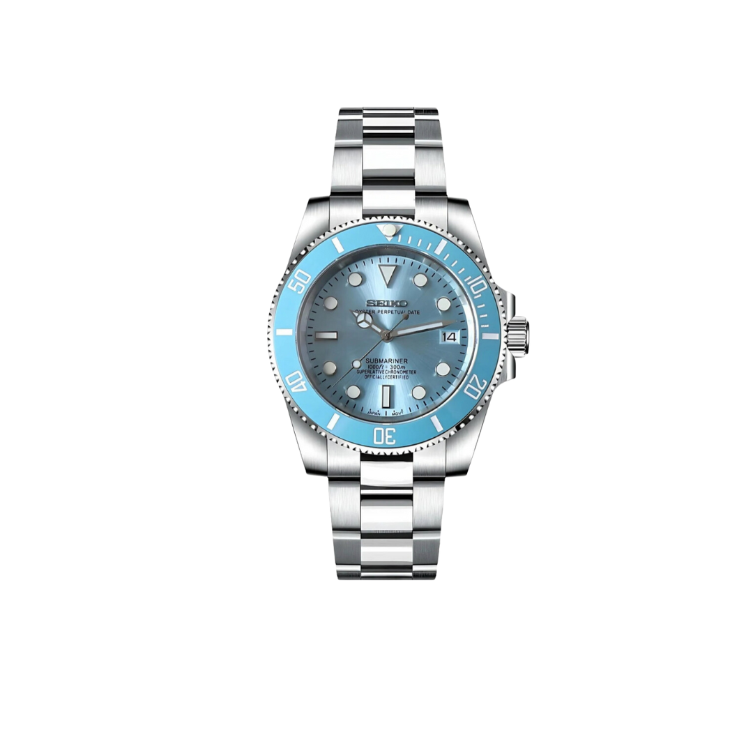 SEIKO MOD SUBMARINER SMURF MEN'S WATCH with blue Dial and Steel Bracelet