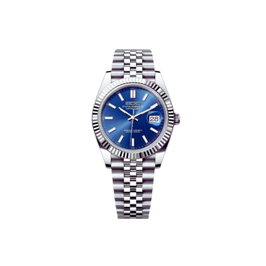 Front view of a SEIKO MOD DATEJUST BLUE MEN'S WATCH BLUE dial with Stainless Steel bracelet

