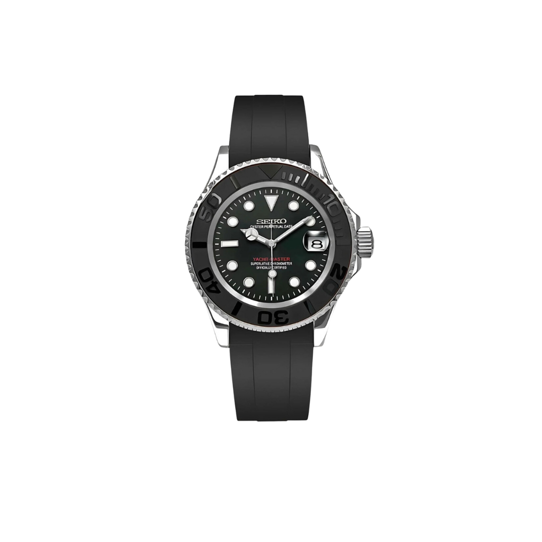 SEIKO MOD YACHTMASTER BLACK MEN'S WATCH with black Dial and RUBBER STRAP