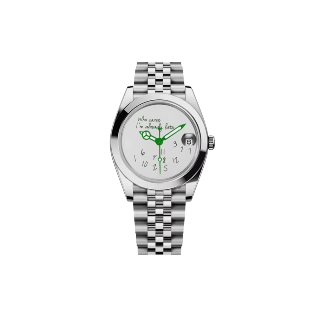 Front view of a Seiko I am late men's watch with white greendial and stainless steel bracelet