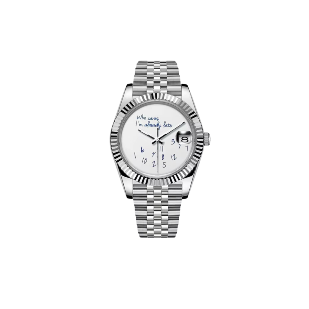 Front view of a Seiko I am late men's watch with white blue dial and stainless steel bracelet
