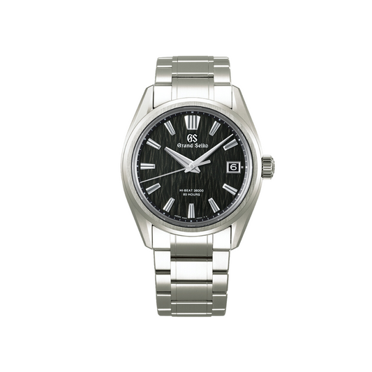 Front view of a Seiko Grand Seiko men's watch with black dial and stainless steel bracelet