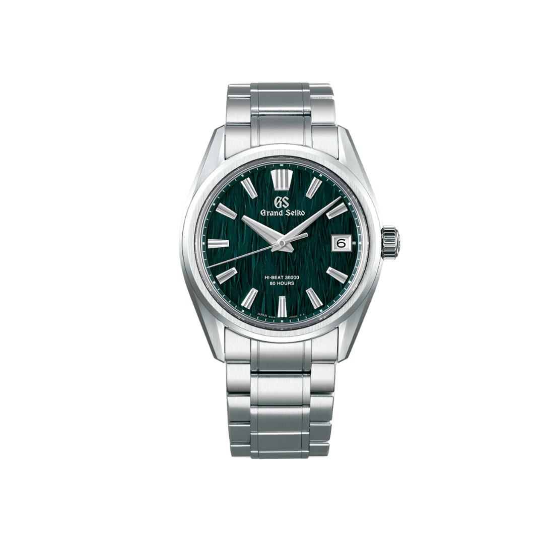 Front view of a Seiko Grand Seiko men's watch with green dial and stainless steel bracelet