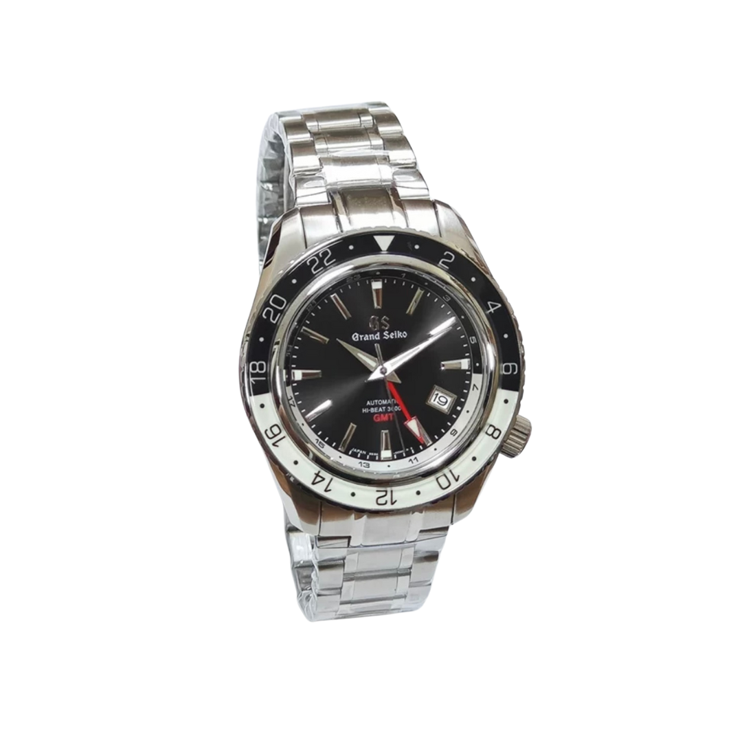 Front view of a Seiko Grand Seiko men's watch black dial and stainless steel bracelet